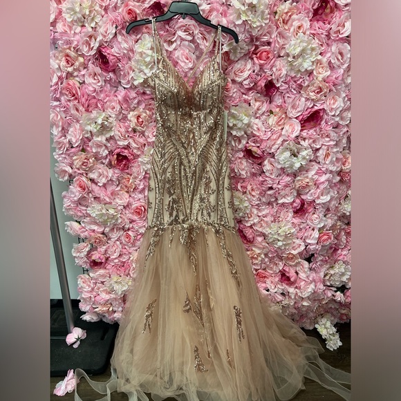 Amarra 20011 rose gold size 8 fit & flare fully sequined v neck long dress - Picture 3 of 6